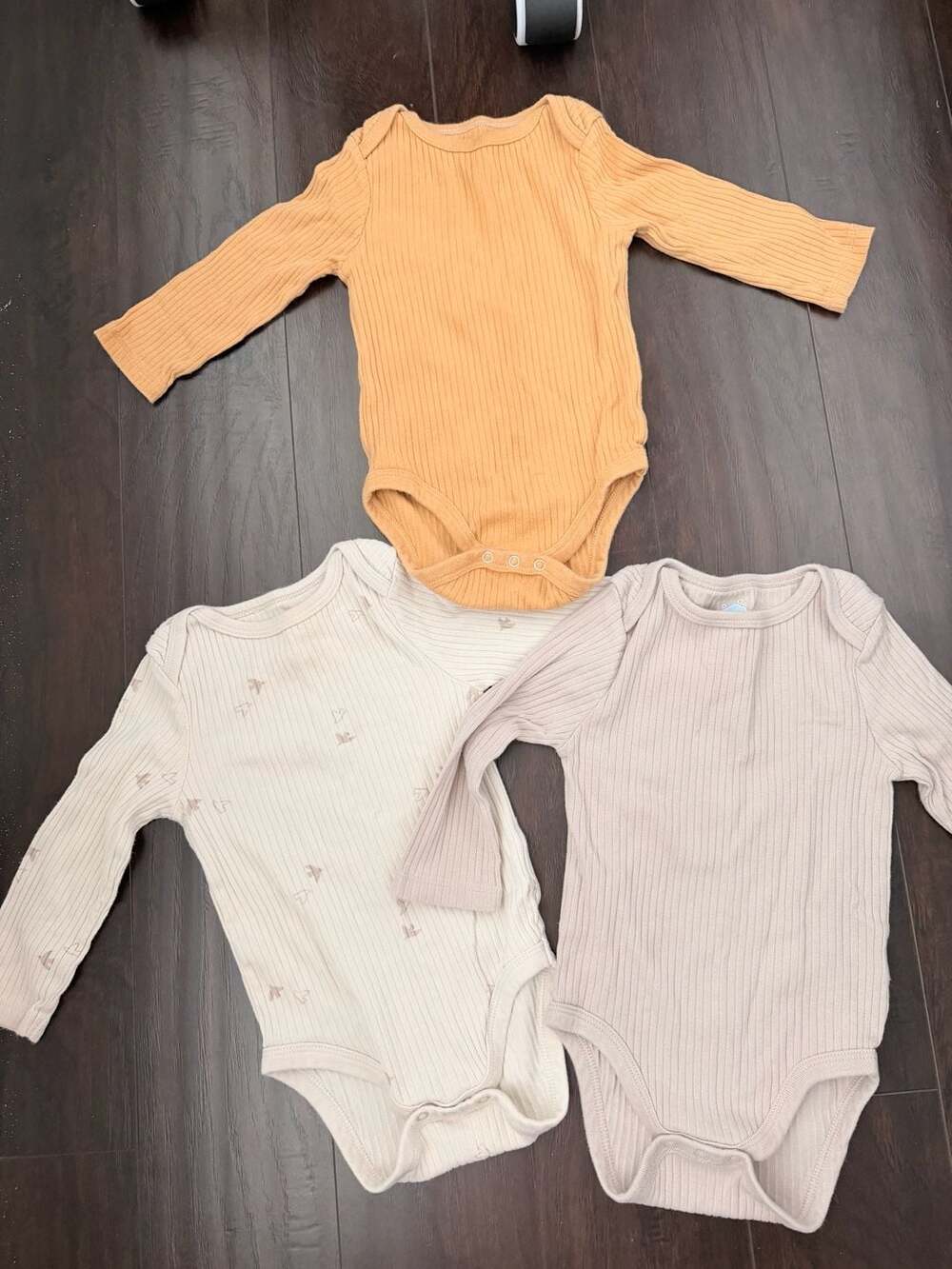 Cloud Island Baby 3pk Long Sleeve Ribbed Bodysuits Mustard/Tan/White Bird Print - Picture 7 of 7
